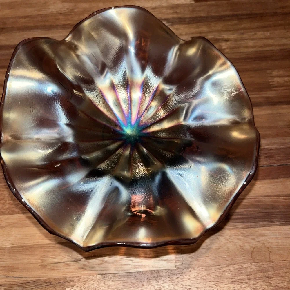 Vintage Fenton Carnival‎ Glass Ruffled Bowl Iridescent Golden Bronze